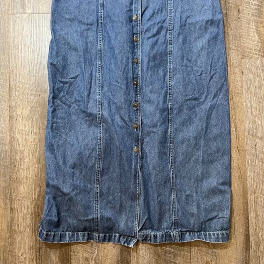 Vintage 90s Denim Sleeveless Maxi Dress Center Buttons Womens Medium - Picture 2 of 5